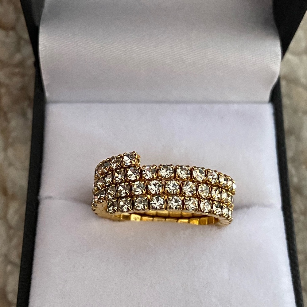 Three Rows Rhinestone Crystal Tennis Stretch Band Ring - Picture 11 of 12